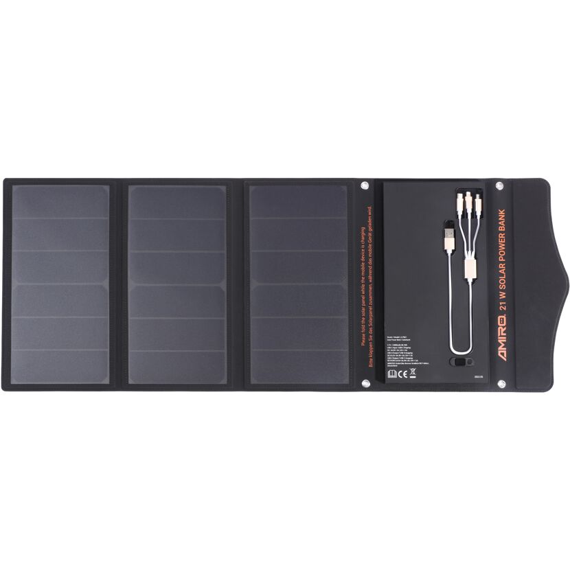 Schwarze Solar Powerbank, aufgeklappt, mit Ladekabel