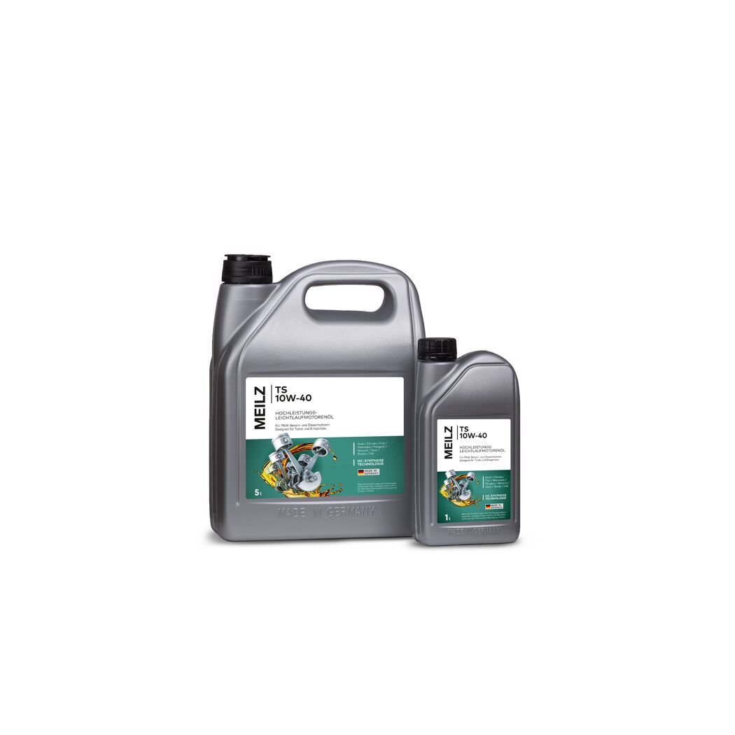 Zwei graue Kanister Meilz Motoröl TS 10W-40, 1 und 5 Liter