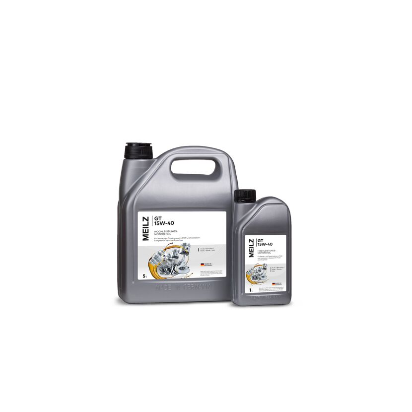 Zwei graue Kanister Meilz GT 15W-40 Motoröl