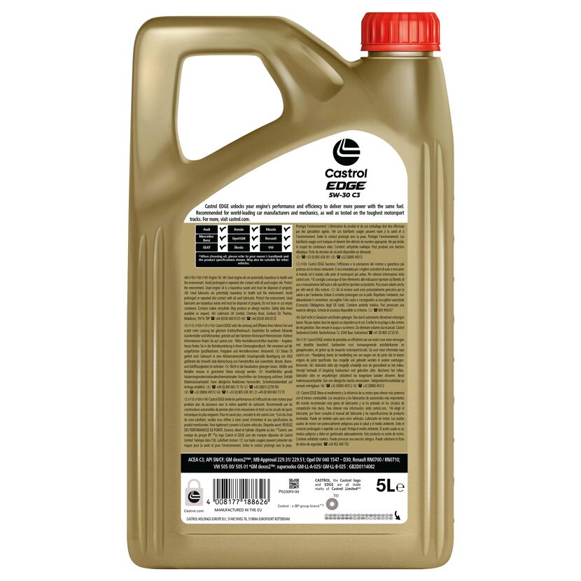 Eine Flasche Castrol Edge 5W-30 C3 Motoröl.
