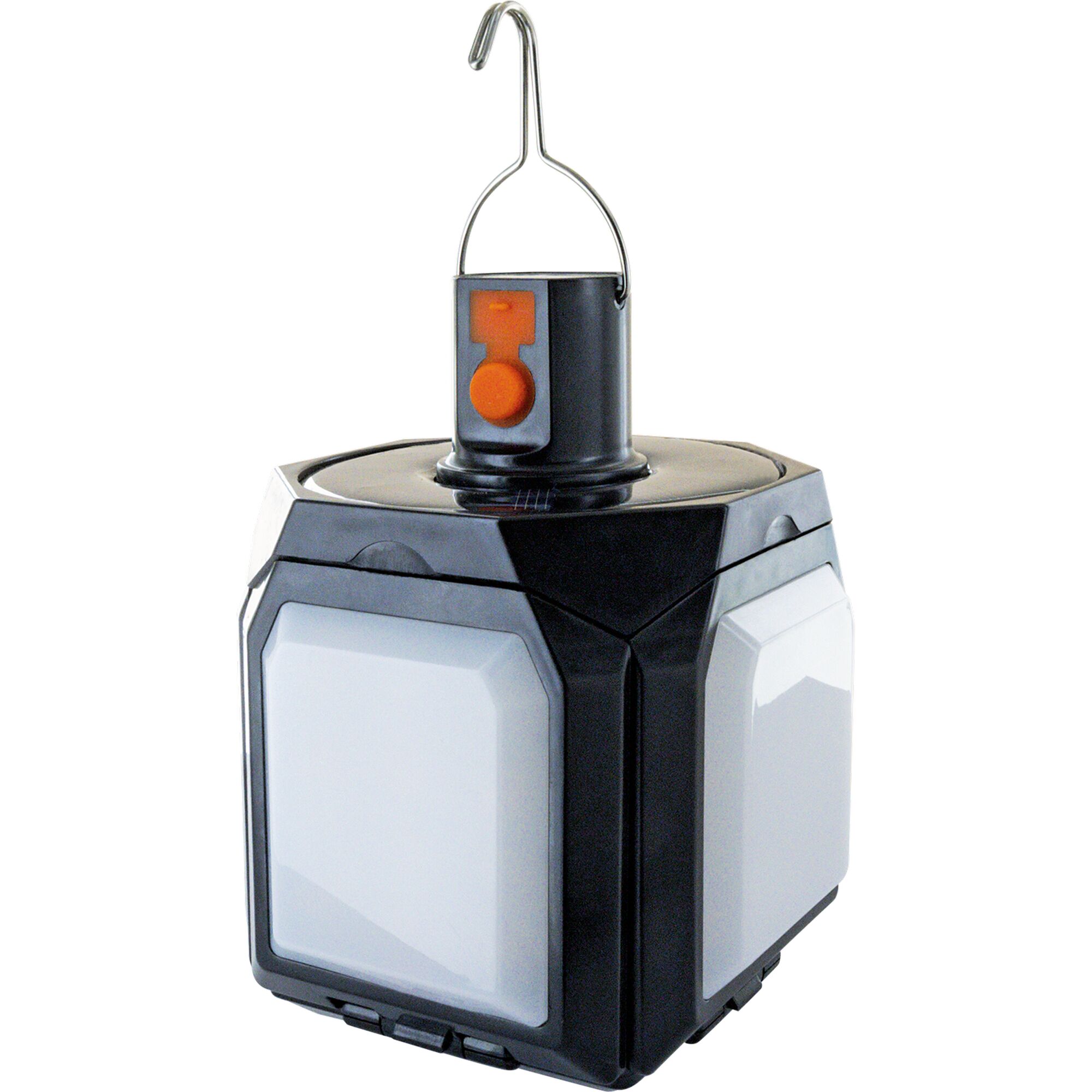 Schwarze, quadratische Campingleuchte mit Tragegriff