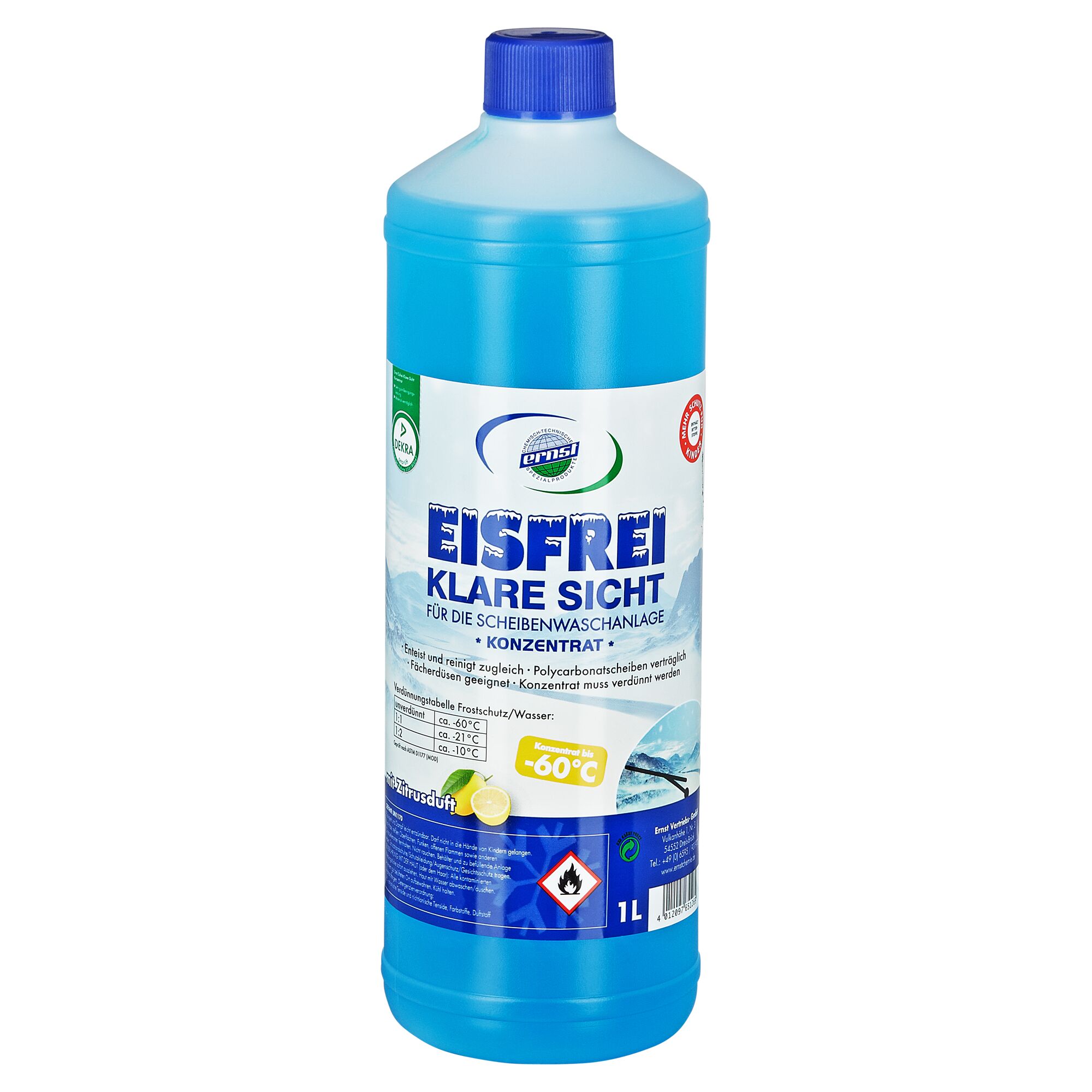 Blaue Flasche mit einem Liter Scheibenfrostschutzkonzentrat bis -60 Grad