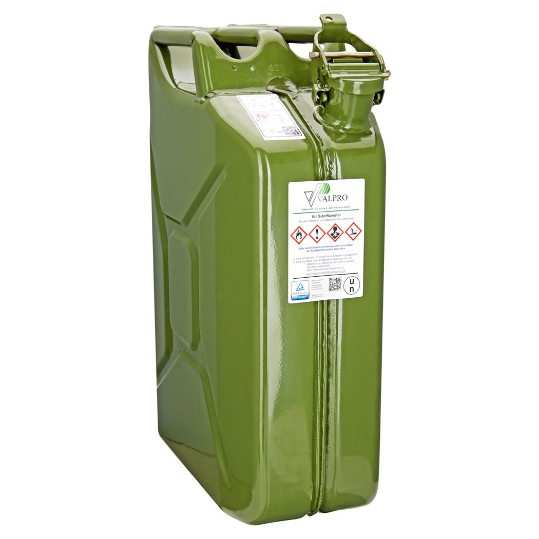 Grüner Benzinkanister 20l aus Stahlblech.