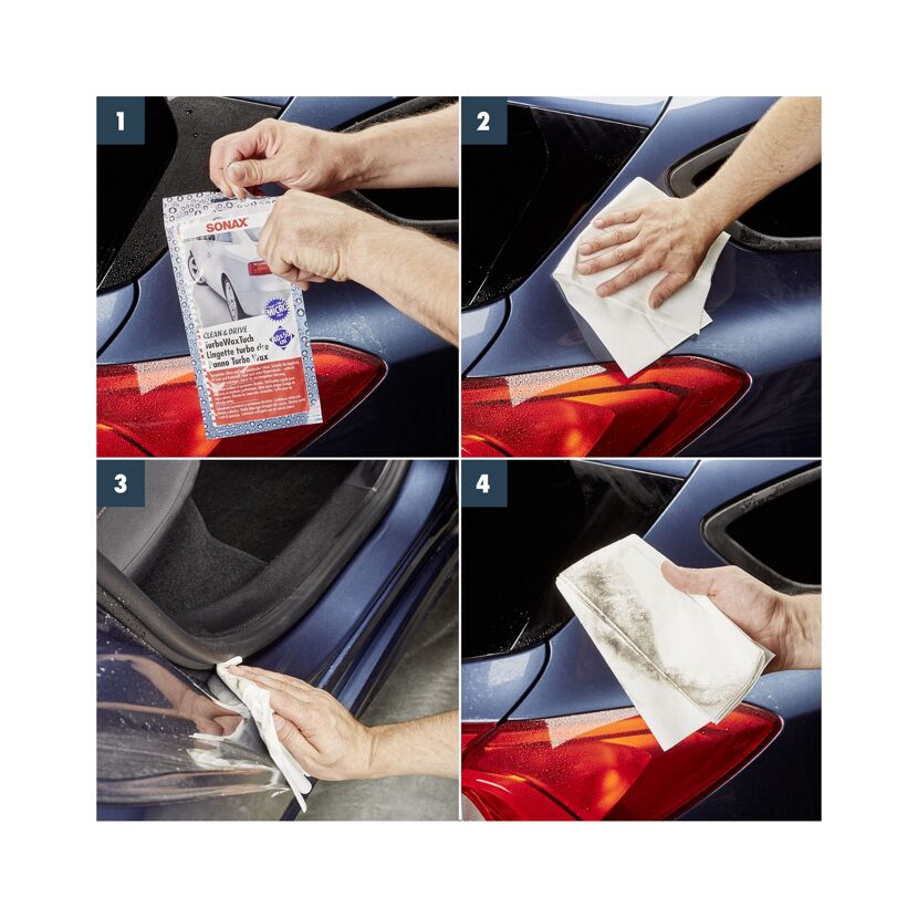 Person reinigt ein Auto mit einem Sonax-Tuch.