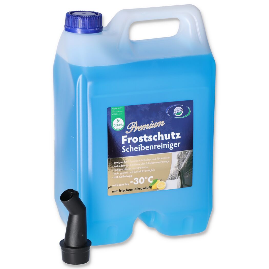 Kanister mit blauem Frostschutz-Scheibenreiniger und Ausgießer