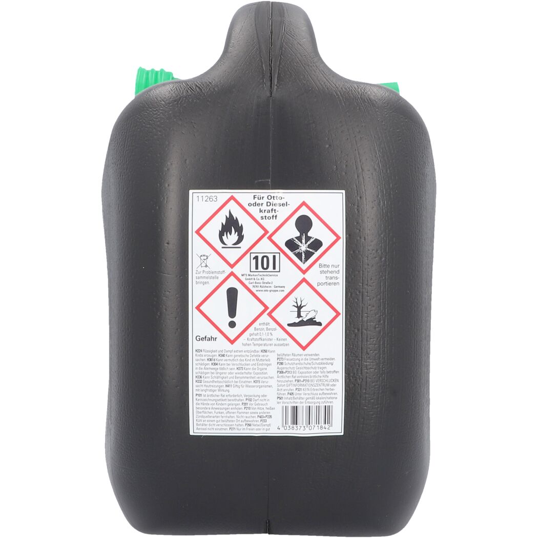 Schwarzer Benzinkanister mit Warnhinweisen.