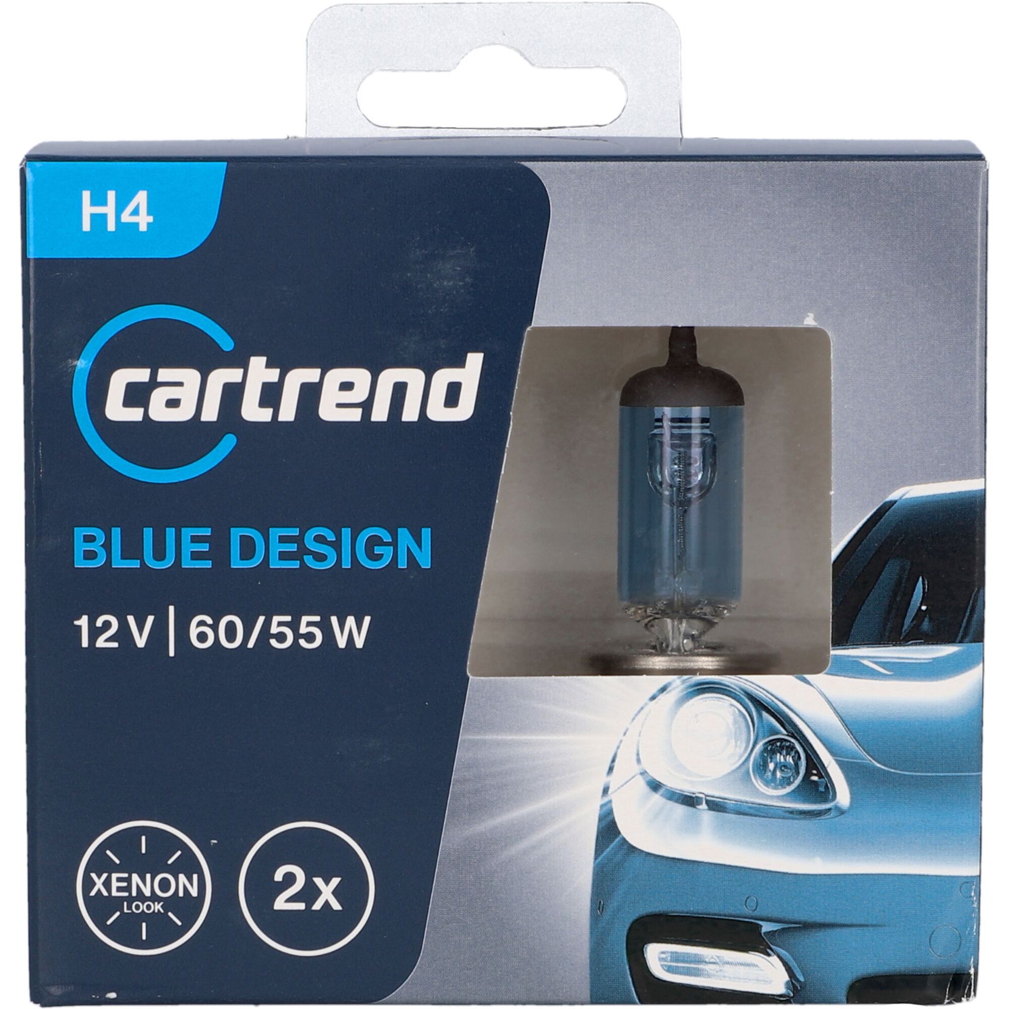 Verpackung der Fahrzeugscheinwerferlampe 'Blue Design H4' mit sichtbarer Glühbirne.
