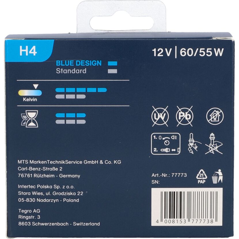 Verpackung der Fahrzeugscheinwerferlampe 'Blue Design H4' Standard.