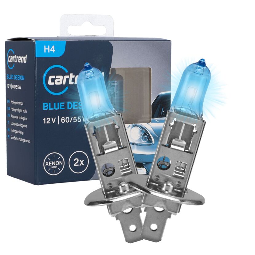 Zwei 'Blue Design' H4 Fahrzeugscheinwerferlampen und Verpackung.