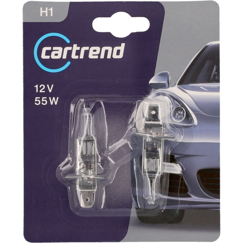 Zwei cartrend Halogen H1 Fahrzeugscheinwerferlampen in Originalverpackung.