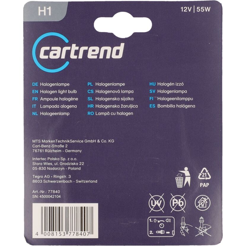 Verpackung der 'cartrend' Halogen H1 Scheinwerferlampe