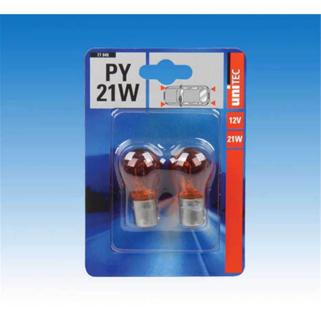 Zwei orange PY21W-Kugellampe von Unitec in Verpackung