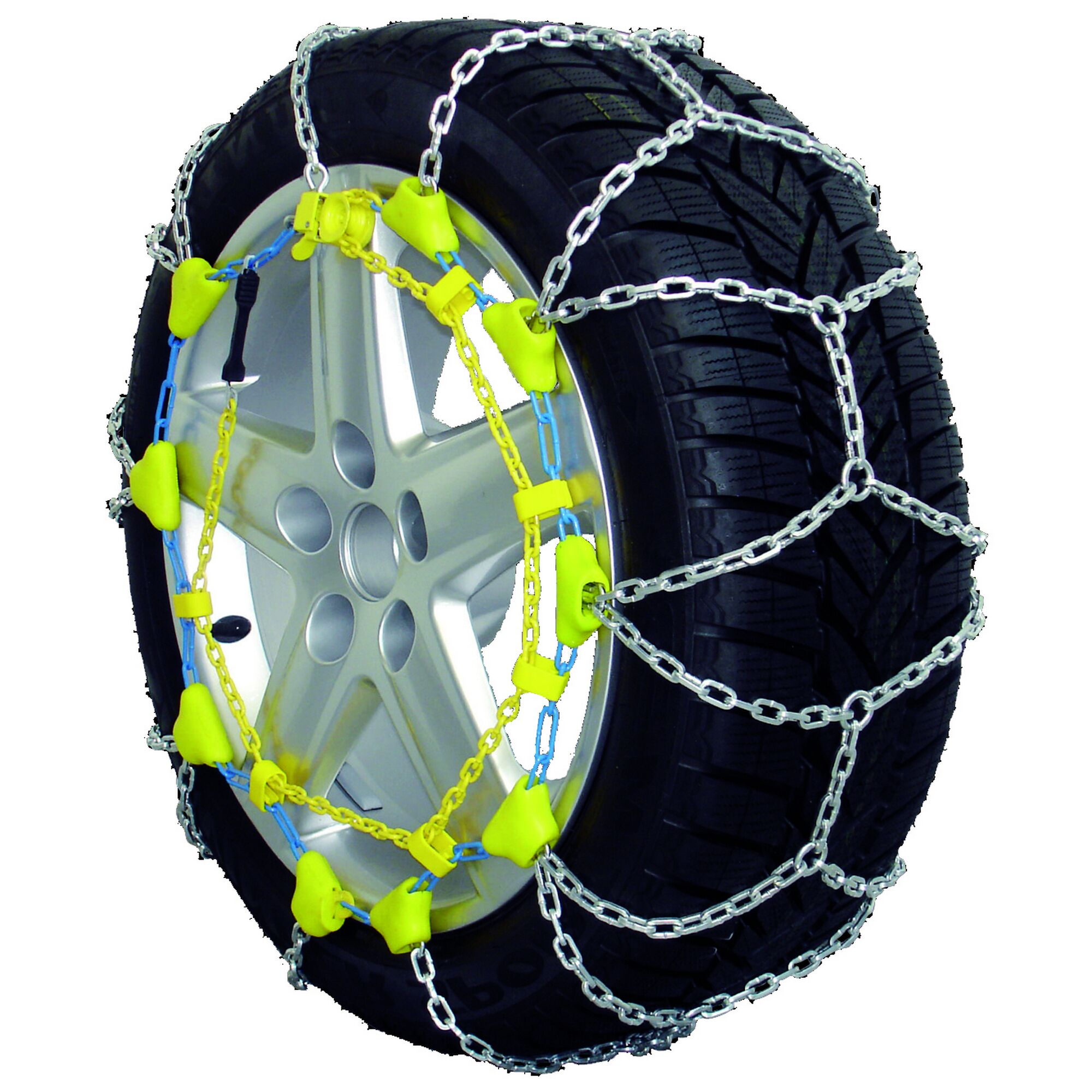 Schneekette mit Felgenschutz am Reifen