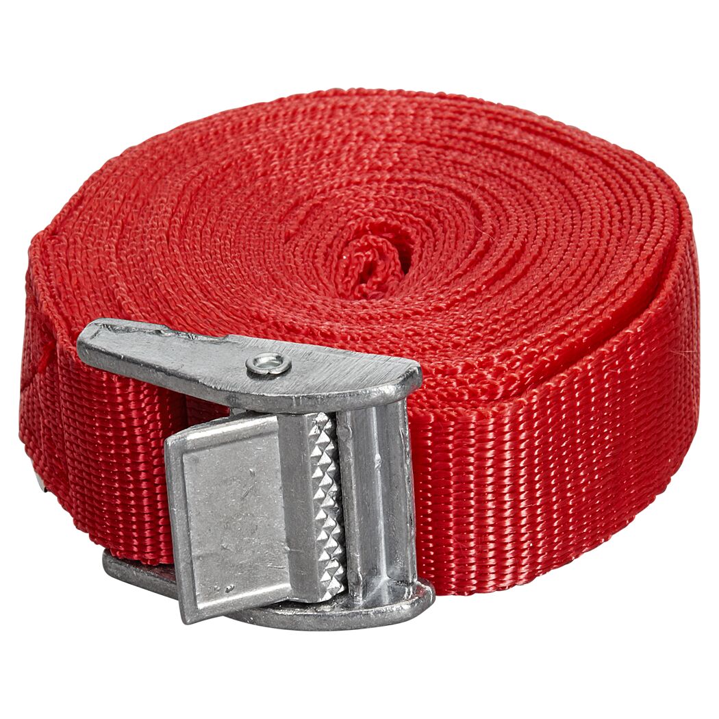 Roter Spanngurt mit Klemmverschluss.