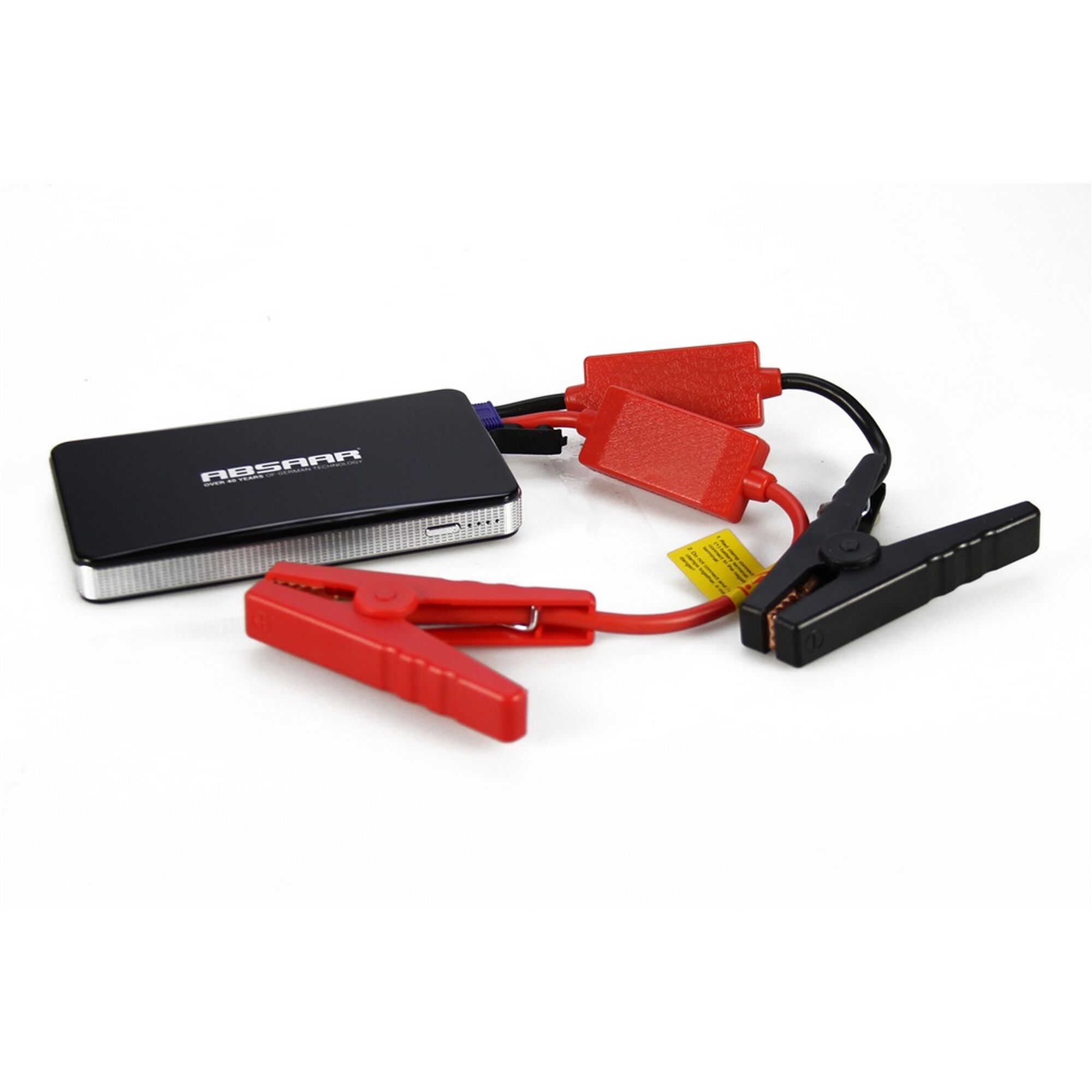 Schwarzes Starthilfegerät mit roten und schwarzen Kabeln