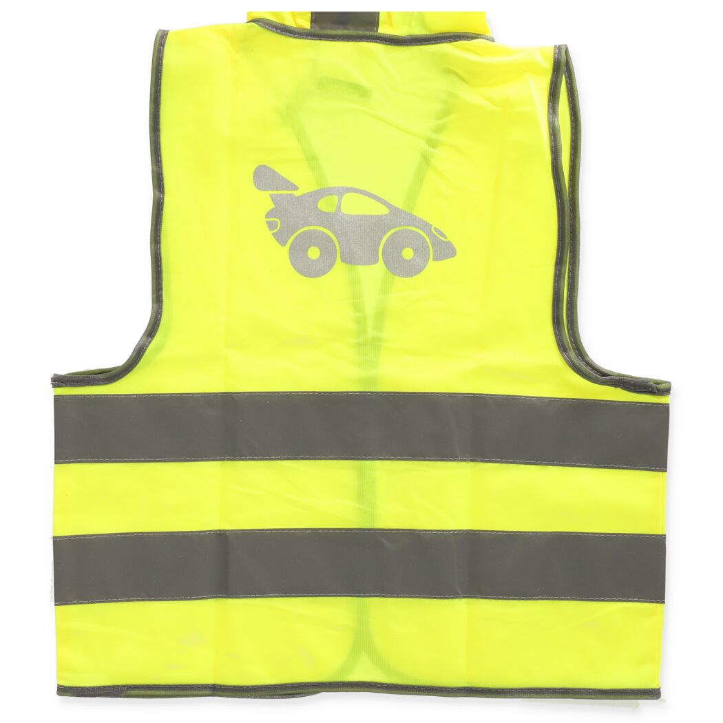 Gelbe Kinderwarnweste mit reflektierenden Streifen und Auto-Motiv