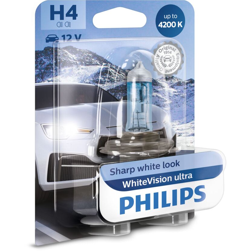 Philips WhiteVision ultra H4 Scheinwerferlampe in Blisterverpackung.