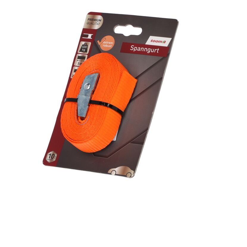 Oranger Spanngurt mit Metallklemme in Verpackung