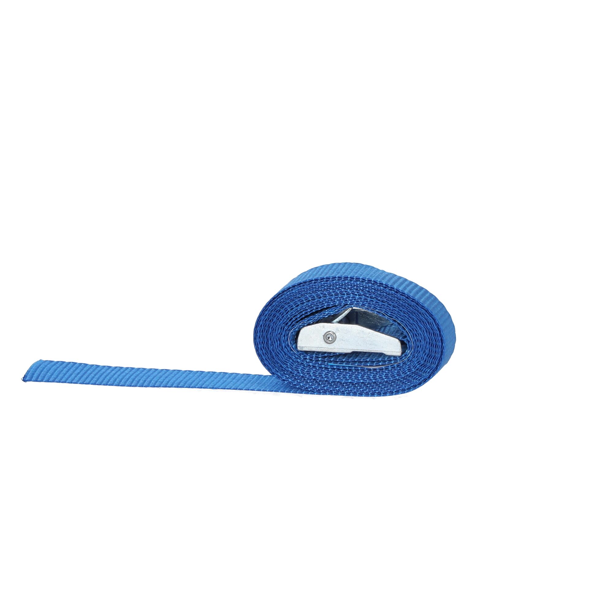 Blauer Spanngurt mit Klemmverschluss, aufgerollt.