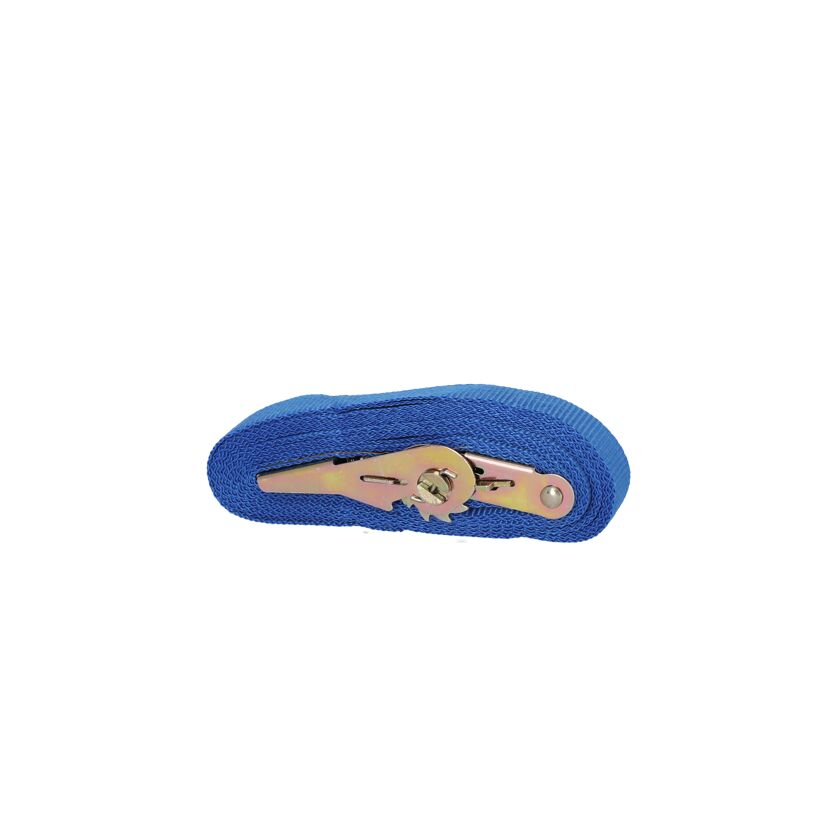 Blauer Spanngurt mit Ratsche, aufgerollt.