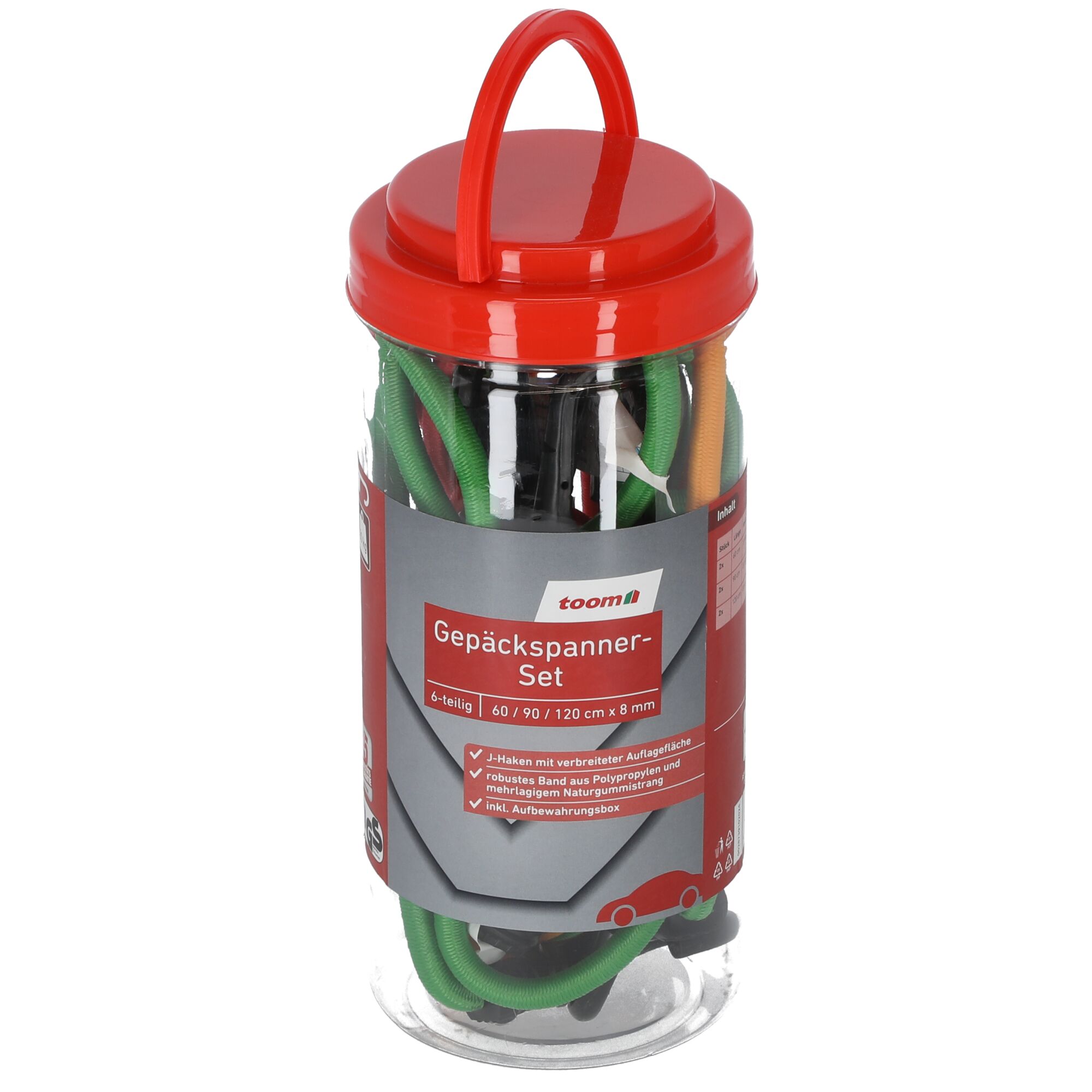 Sechs Gepäckspanner in grün, orange und schwarz, in einer durchsichtigen Dose mit rotem Deckel.