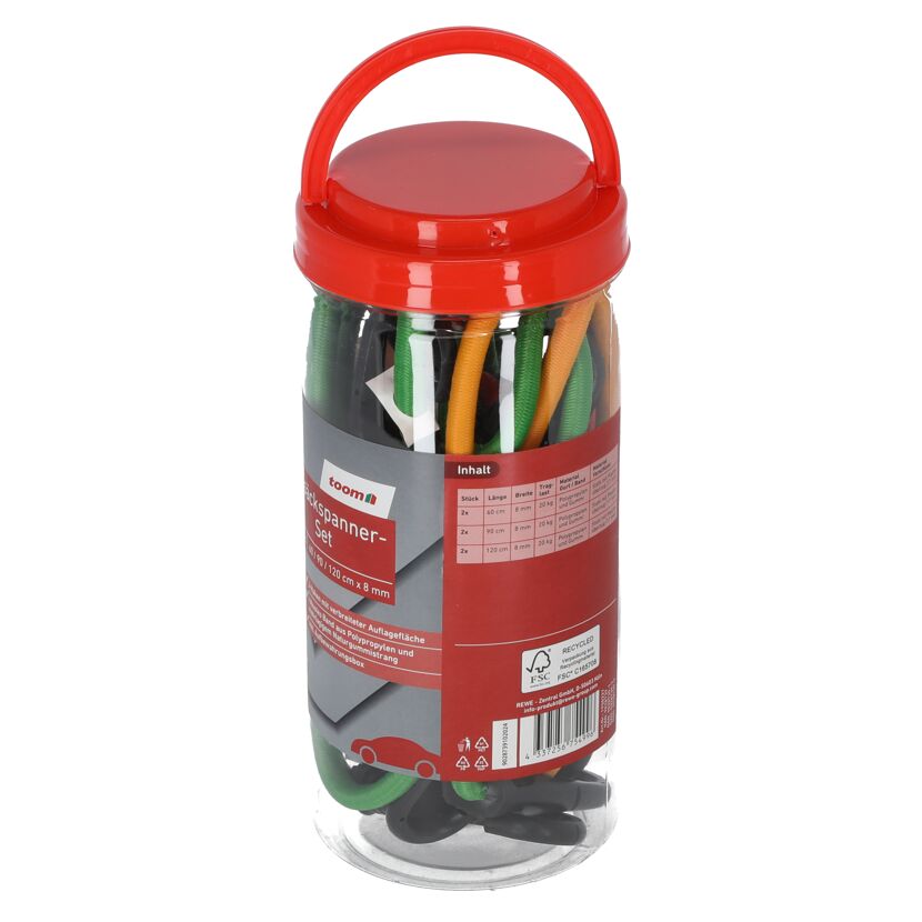 Sechs Spanngurte in einer durchsichtigen Dose mit rotem Deckel und Griff.