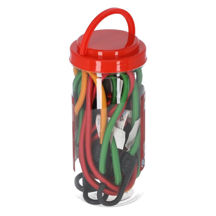 Bunte Spanngurte in durchsichtiger Dose mit rotem Deckel