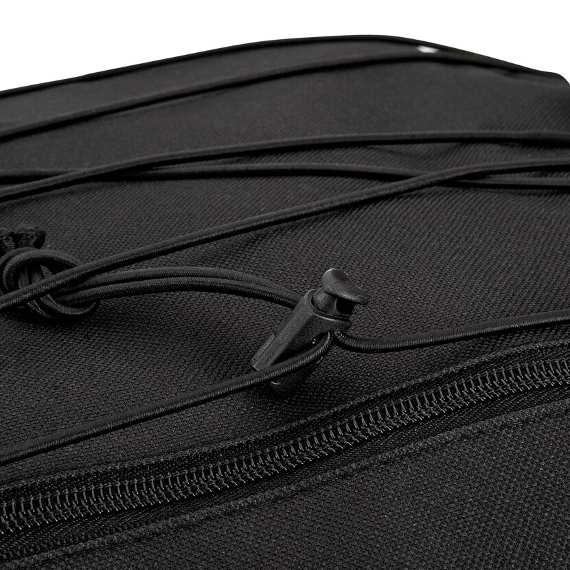 Schwarze Fahrradtasche mit Reißverschluss und Spanngurt