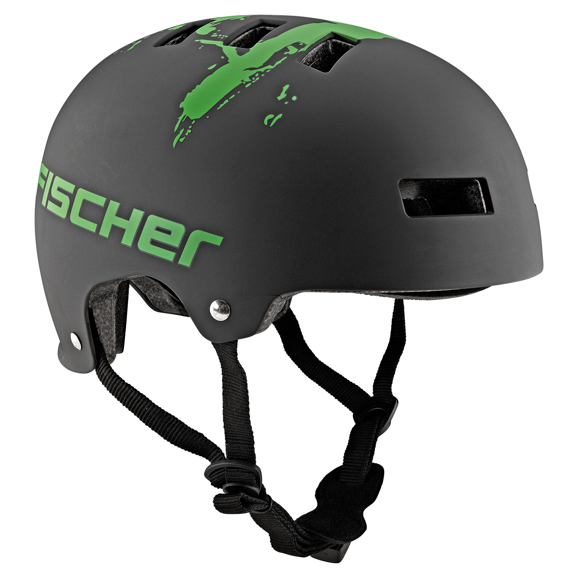 Schwarzer Fischer Fahrradhelm mit grünen Farbspritzern