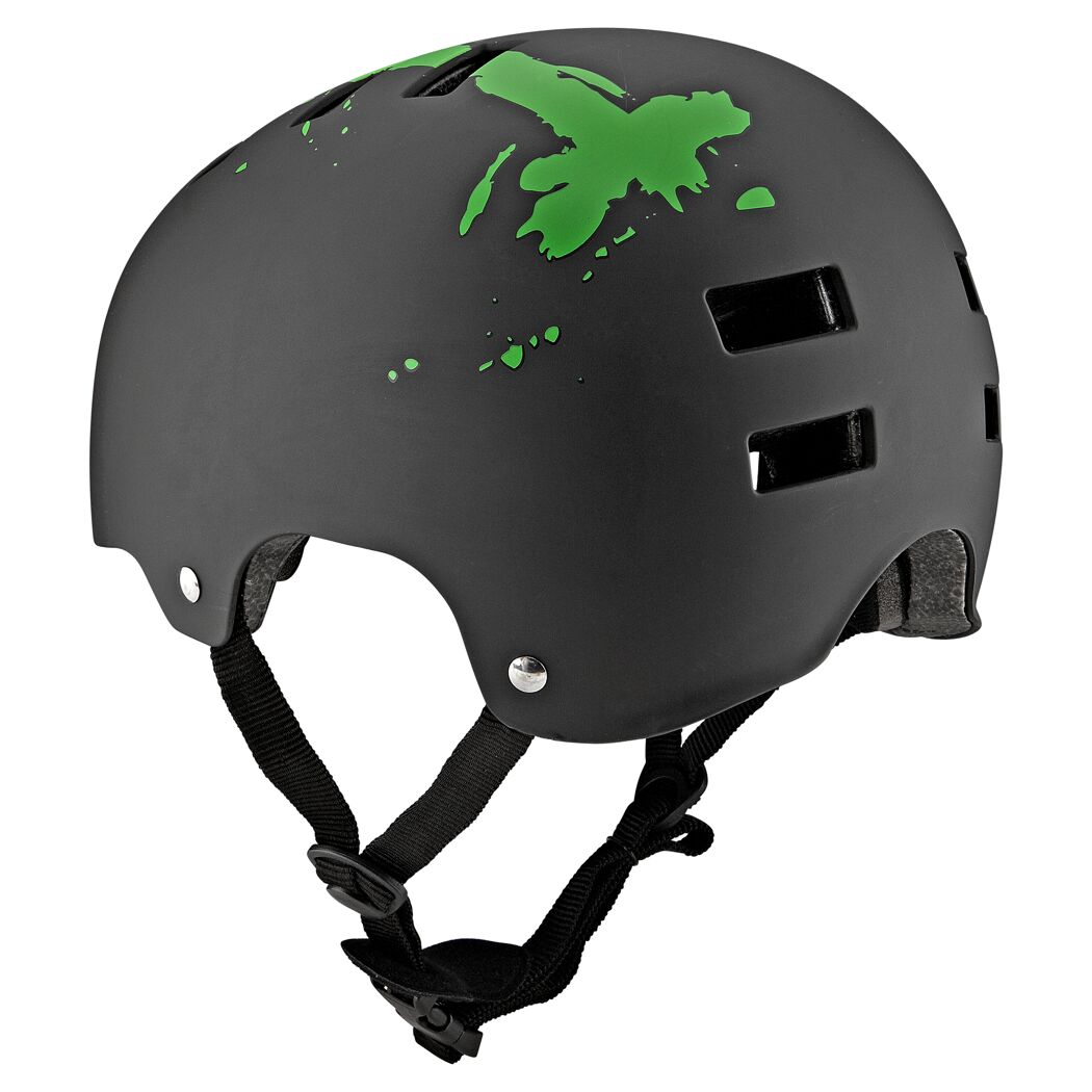 Schwarzer Fahrradhelm mit grünen Farbspritzern