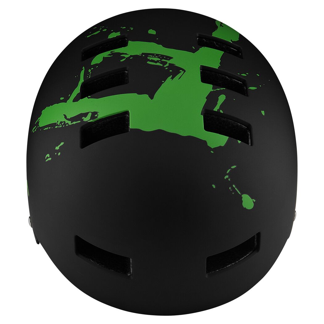 Schwarzer BMX-Helm mit grünen Farbspritzern