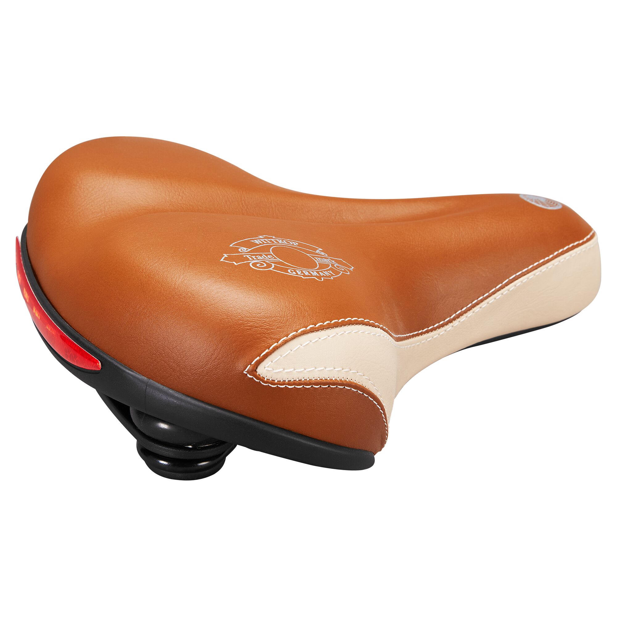 Gefederter brauner Ledersattel mit Firmenlogo