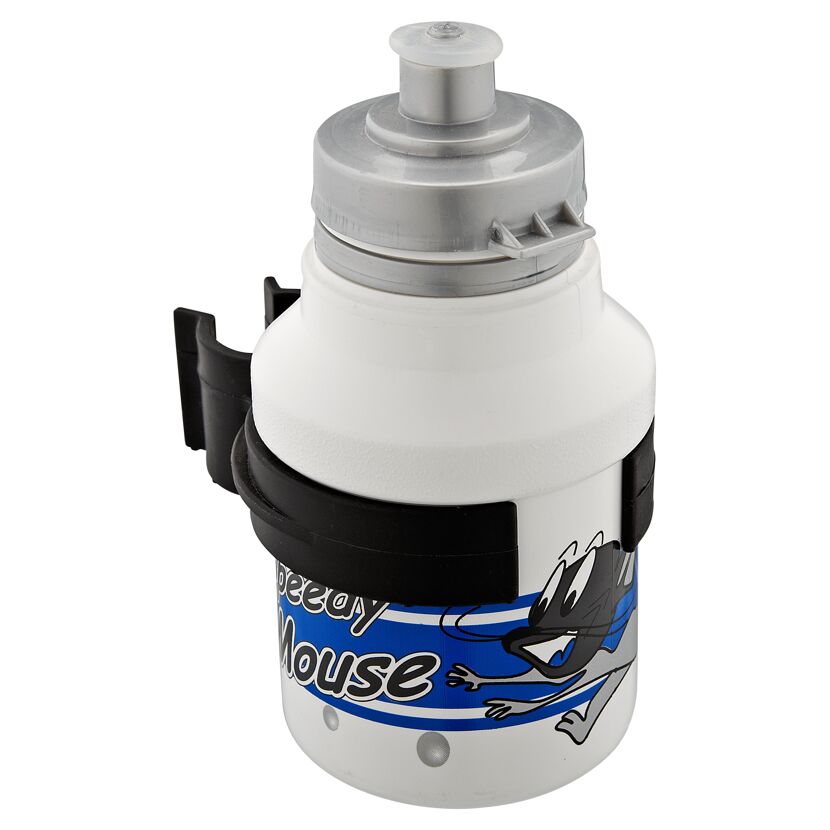 Weiße Trinkflasche mit Speedy Mouse Motiv und schwarzem Halter