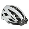 Weißer Fahrradhelm mit schwarzem Visier und grauen Punkten.