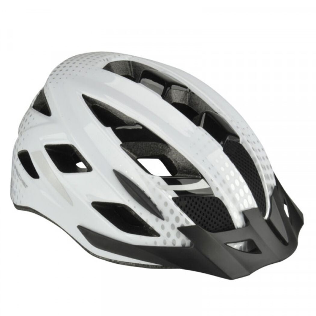 Weißer Fahrradhelm mit schwarzem Visier und grauen Punkten.
