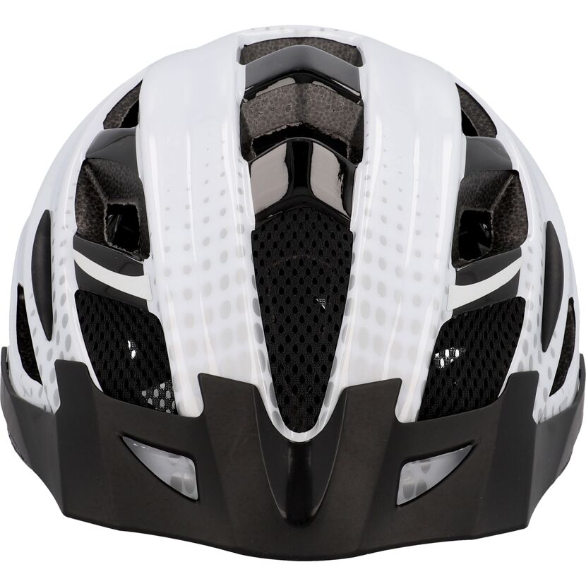 Weißer Fahrradhelm mit schwarzen Details und Belüftungsschlitzen