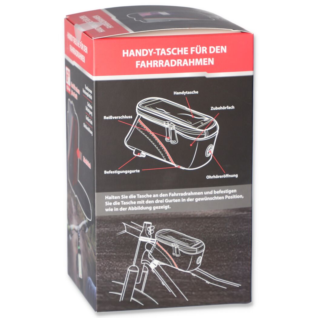 Schwarze Handytasche am Fahrradrahmen befestigt