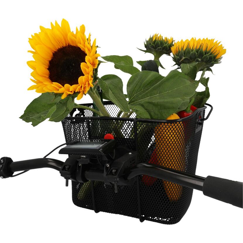 Lenkerkorb mit Sonnenblumen und Gemüse