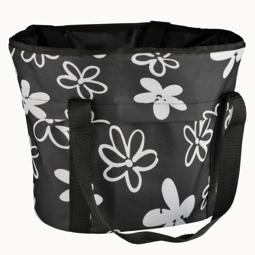 Schwarzer Lenkerkorb mit weißem Blumenmuster