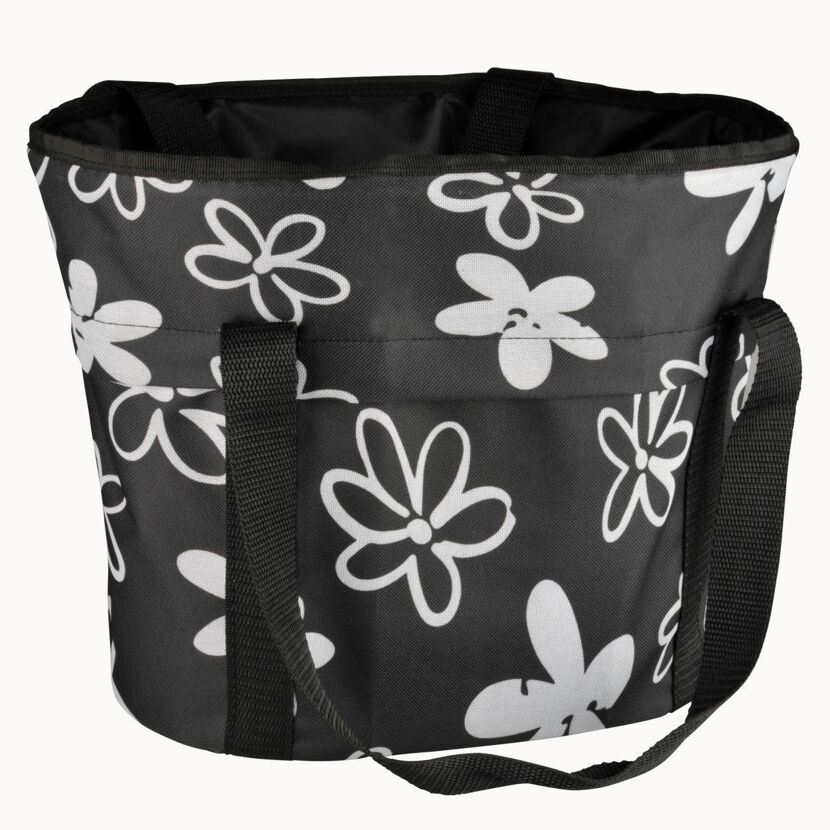 Schwarzer Lenkerkorb mit weißem Blumenmuster
