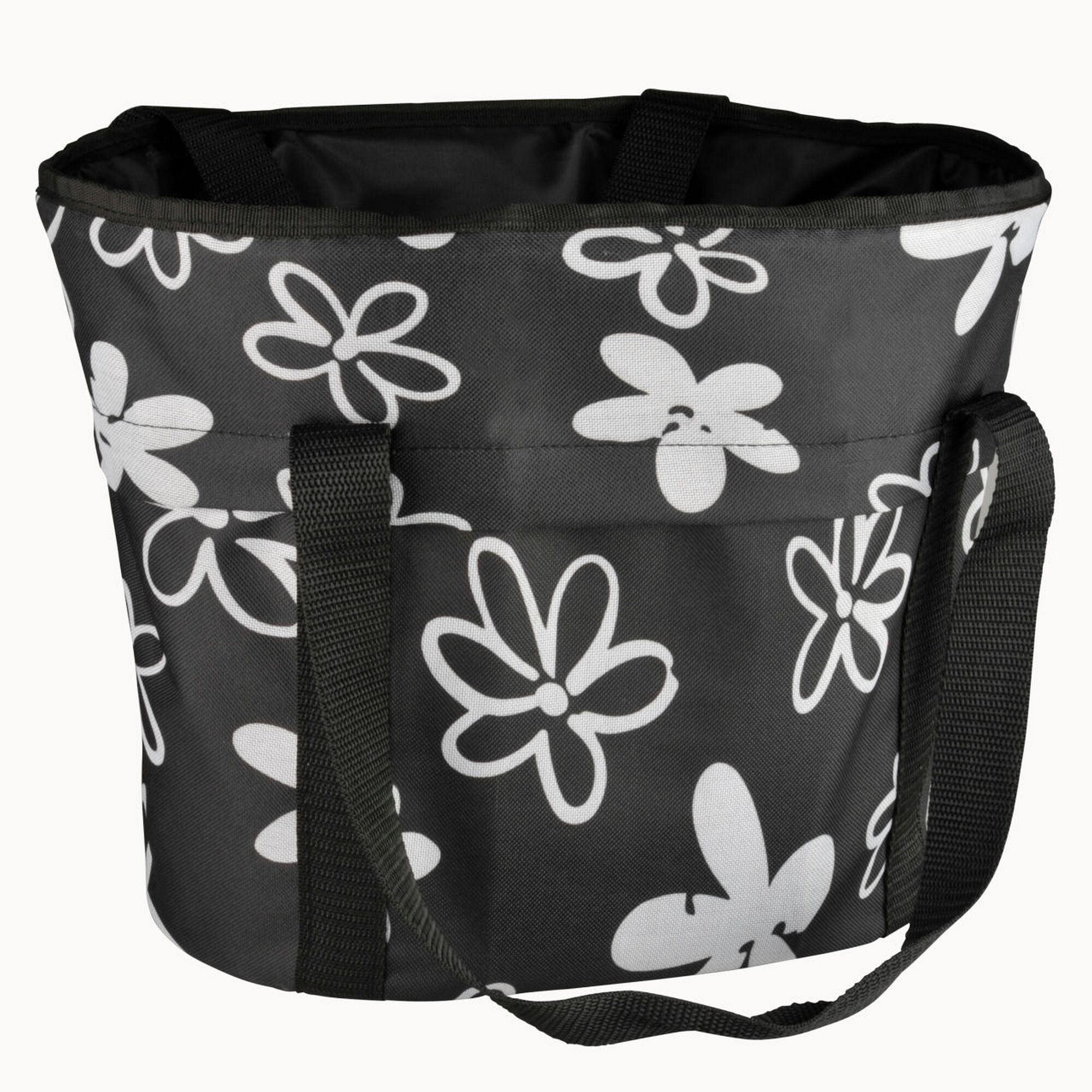 Schwarzer Lenkerkorb mit weißem Blumenmuster