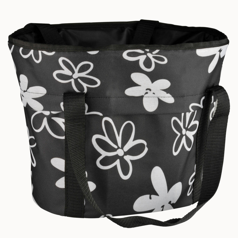 Schwarzer Lenkerkorb mit weißem Blumenmuster