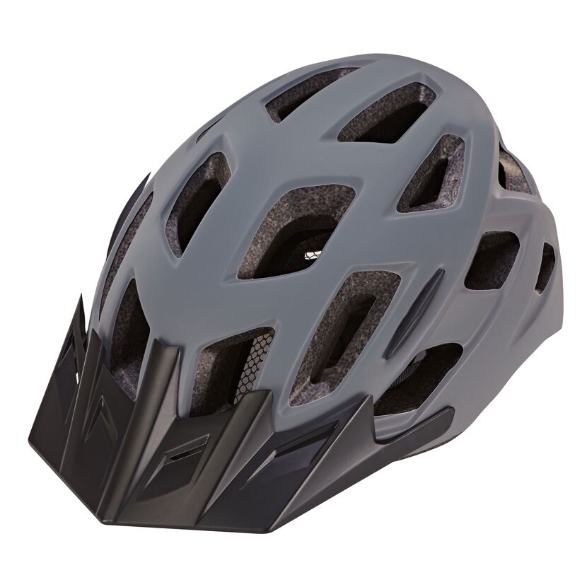 Grauer Fahrradhelm mit schwarzem Visier
