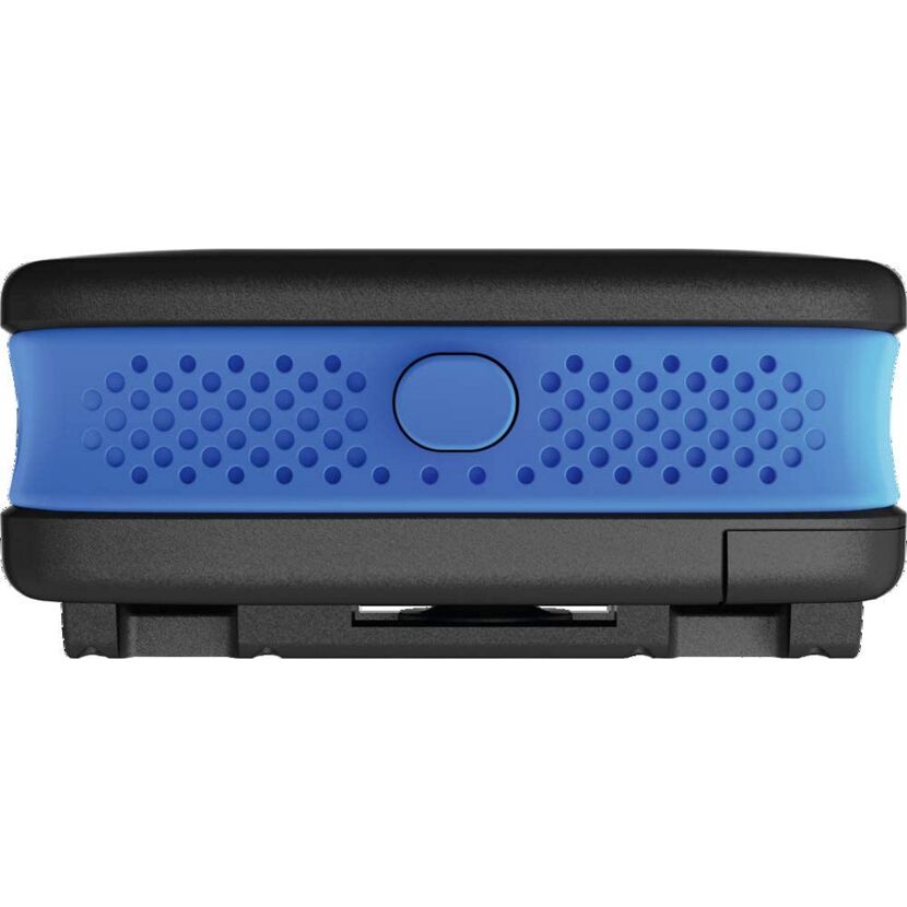 Rückseite der schwarzen Alarmbox mit blauer Gummierung.