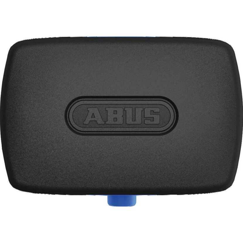 Schwarze Alarmbox von ABUS mit blauem Knopf