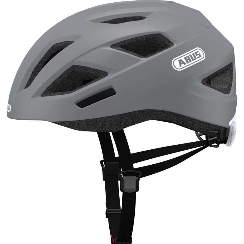 Grauer Fahrradhelm mit Rücklicht seitlich
