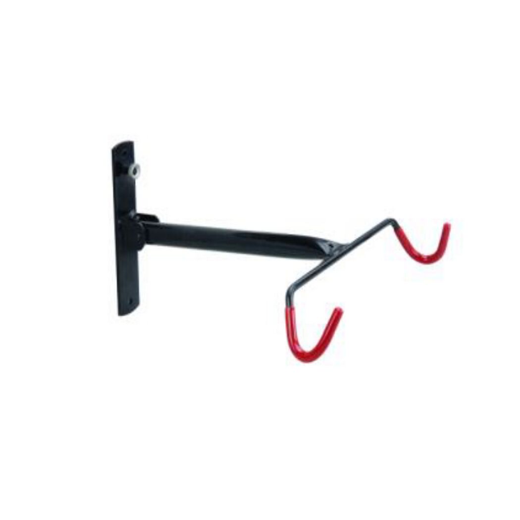 Schwarze Fahrrad-Wandhalterung mit roten Haken