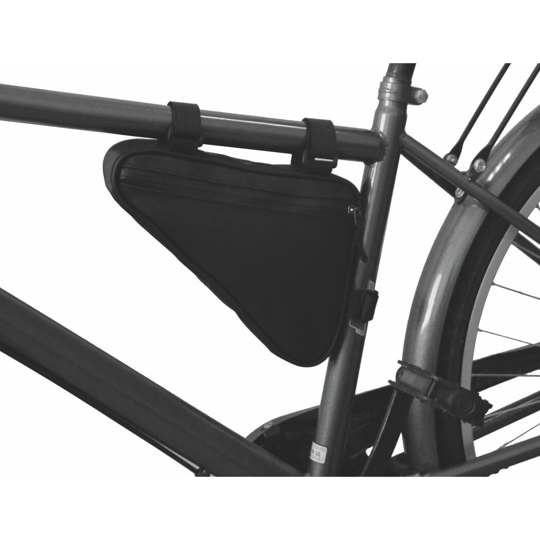 Schwarze Fahrrad-Rahmentasche am Fahrradrahmen befestigt