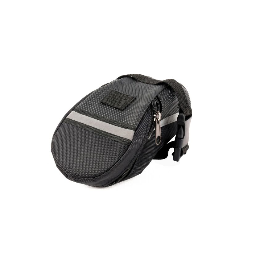 Schwarze Fahrradsatteltasche mit Reflektorstreifen
