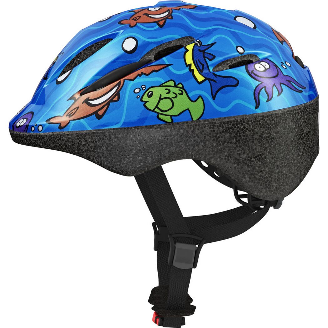 Blauer Kinderfahrradhelm mit Fischmotiv.
